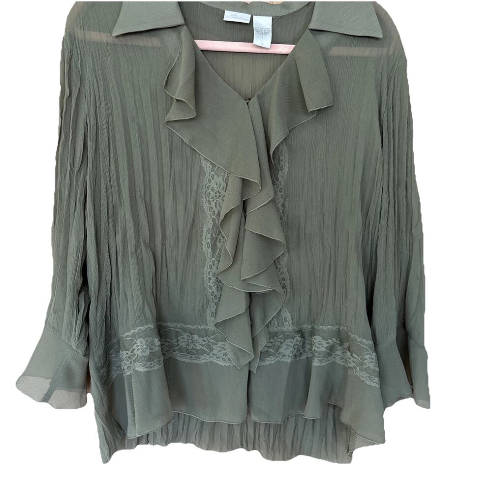 Soft Surroundings Crinkle Olive Button Lace Blouse Top SZ L Bell Sleeve Boho